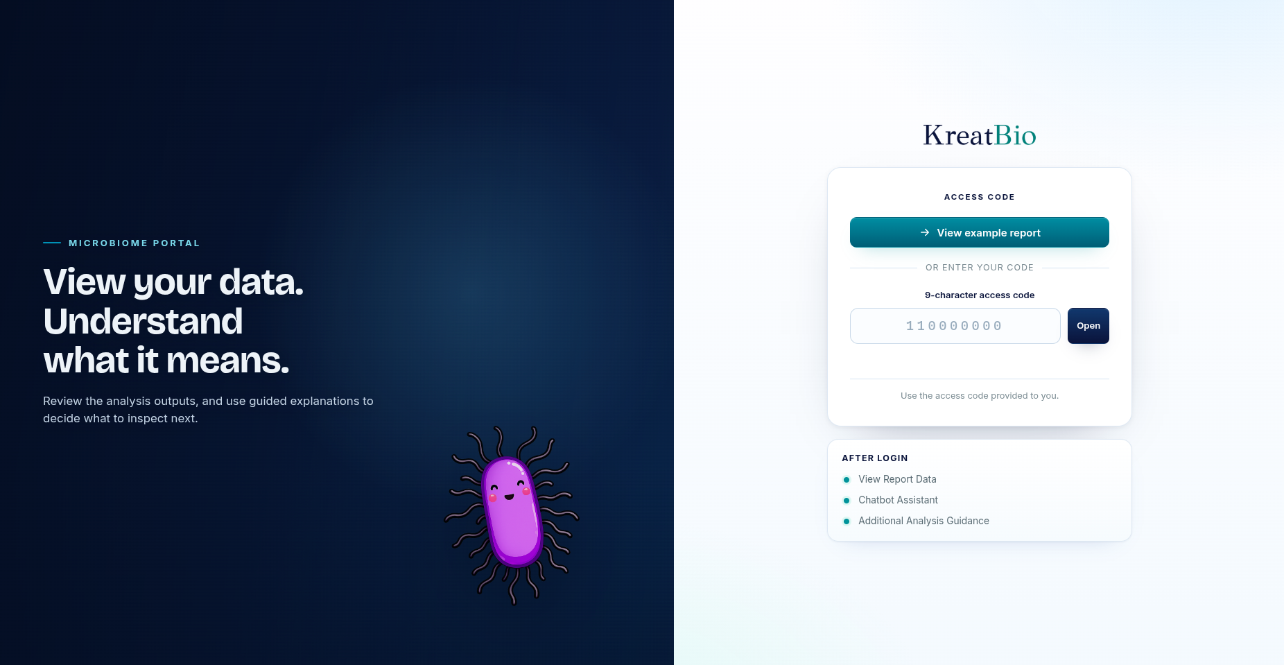 KreatBio sequencing insights portal sign-in screen with the message View your data, understand what it means