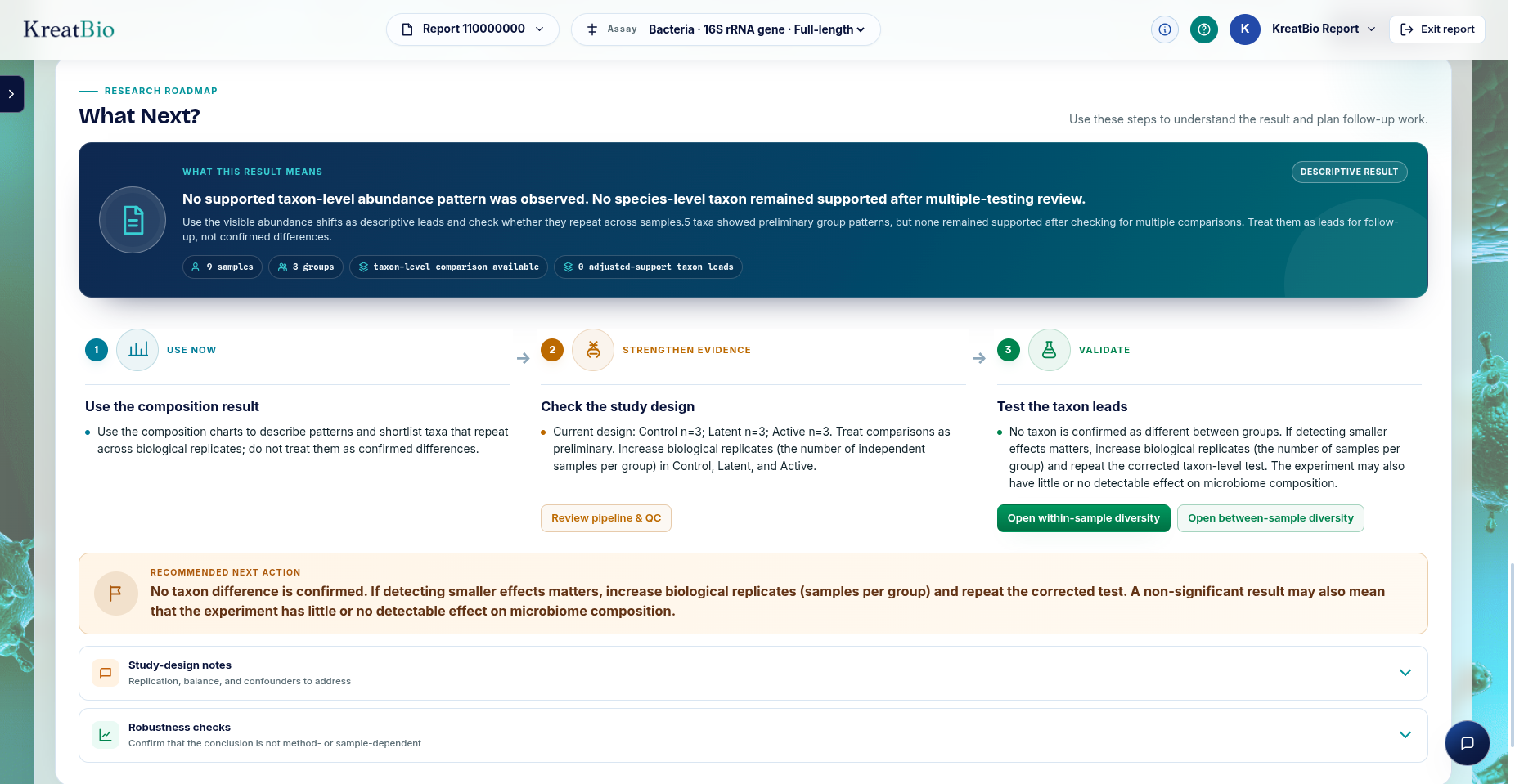 KreatBio sequencing insights portal findings and recommended next steps